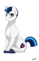 Size: 1300x2000 | Tagged: safe, artist:gasmaskfox, shining armor, pony, unicorn, alternate hairstyle, buzzcut, looking at you, short mane, sitting, solo