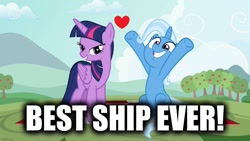 Size: 1192x670 | Tagged: safe, derpibooru import, edit, trixie, twilight sparkle, twilight sparkle (alicorn), alicorn, apple, apple tree, caption, female, image macro, lesbian, picnic blanket, shipping, text, tree, twixie