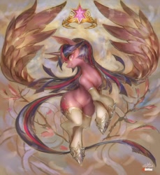 Size: 914x1000 | Tagged: safe, artist:girlsay, twilight sparkle, twilight sparkle (alicorn), alicorn, pony, big crown thingy, clothes, crown, female, flying, horseshoes, jewelry, large wings, looking at you, mare, patreon, patreon logo, regalia, smiling, solo, stockings, thigh highs, wings