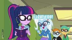 Size: 1280x720 | Tagged: safe, derpibooru import, edit, edited screencap, screencap, sci-twi, snails, snips, trixie, twilight sparkle, best trends forever, equestria girls, equestria girls series, caption, female, i love you, image macro, lesbian, meme, sci-twixie, shipping, text, trixie yells at everything, twixie