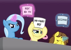 Size: 1024x722 | Tagged: safe, artist:grapefruitface1, derpibooru import, fluttershy, trixie, oc, oc:grapefruit face, pegasus, pony, unicorn, angry, base used, deviantart, deviantart eclipse, facehoof, music judges meme, protest, sign, signs, unimpressed