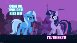 Size: 1365x768 | Tagged: safe, derpibooru import, edit, edited screencap, screencap, trixie, twilight sparkle, pony, unicorn, boast busters, caption, female, grammar error, image macro, lesbian, mare, meme, shipping, text, trixie yells at everything, twixie