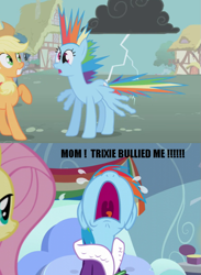 Size: 609x832 | Tagged: safe, derpibooru import, edit, edited screencap, screencap, applejack, fluttershy, rainbow dash, trixie, earth pony, pegasus, pony, unicorn, boast busters, tanks for the memories, abuse, dashabuse, female, image macro, mare, meme