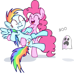 Size: 689x683 | Tagged: safe, pinkie pie, rainbow dash, earth pony, ghost, pegasus, pony, bedsheet ghost, female, mare