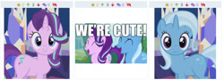 Size: 1491x538 | Tagged: safe, artist:agrol, derpibooru import, edit, edited screencap, screencap, starlight glimmer, trixie, pony, unicorn, caption, cropped, cute, derpibooru, diatrixes, female, friendship throne, frown, glimmerbetes, image macro, juxtaposition, juxtaposition win, looking at you, magic lessons, mare, meme, meta, text, trixie yells at everything, twilight's castle