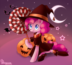 Size: 1392x1257 | Tagged: safe, artist:lightning-stars, pinkie pie, bat, earth pony, pony, g4, clothes, costume, halloween, hat, moon, solo, stars