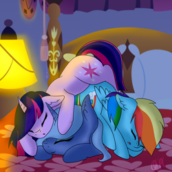 Size: 1678x1677 | Tagged: safe, artist:otpl, princess luna, rainbow dash, twilight sparkle, alicorn, pegasus, pony, cuddle puddle, cuddling, pony pile, s1 luna, sleeping, snuggling