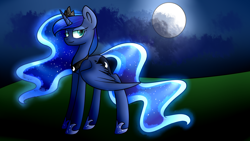 Size: 1024x576 | Tagged: safe, artist:despotshy, princess luna, alicorn, pony, moon, night, smiling, solo