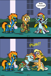 Size: 494x737 | Tagged: safe, artist:niban-destikim, edit, applejack, rainbow dash, spitfire, earth pony, pegasus, pony, applejack's hat, bipedal, blonde mane, blonde tail, blue coat, blue wings, clothes, clothes swap, comic, detailed background, dialogue, dress, exploitable meme, female, females only, freckles, gala dress, gala meme, goggles, hat, mare, meme, multicolored hair, multicolored tail, onomatopoeia, open mouth, orange coat, punch, raised hoof, raised leg, reverse meme, role reversal, smiling, speech bubble, spread wings, trio, two toned mane, two toned tail, underhoof, wings, wonderbolts uniform, yellow coat