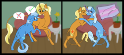 Size: 2408x1069 | Tagged: safe, artist:foxytthepiratefoxgir, derpibooru import, sunflower spectacle, trixie, pony, unicorn, 2 panel comic, acceptance, bipedal, comic, curved horn, cute, dirt, eyes closed, female, flower, glowing horn, headcanon, horn, hug, leonine tail, levitation, lgbt headcanon, magic, male, mare, mother and child, mother and daughter, parent and child, pot, pride, pride flag, raised hoof, sofa, stallion, telekinesis, trans girl, transgender, transgender pride flag