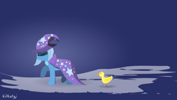 Size: 1920x1080 | Tagged: safe, artist:kitkatyj, derpibooru import, trixie, duck, pony, unicorn, clothes, coat, duckling, eyes closed, female, gem, hat, hooves, horn, lineless, mare, pet, solo