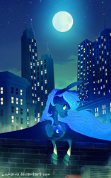 Size: 1316x2094 | Tagged: safe, artist:loukaina, princess luna, alicorn, pony, city, full moon, moon, rooftop, signature, smiling, solo