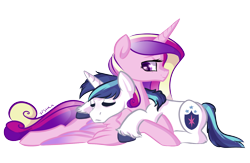 Size: 2000x1300 | Tagged: safe, artist:vpshka, princess cadance, shining armor, alicorn, pony, unicorn, cuddling, eyes closed, prone, simple background, sleeping, snuggling, transparent background