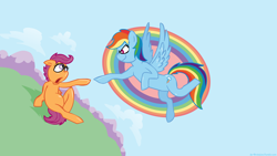 Size: 1920x1080 | Tagged: safe, artist:brutamod, rainbow dash, scootaloo, pegasus, pony, ax brutaloo, brutaloo, fine art parody, parody, the creation of adam, wallpaper