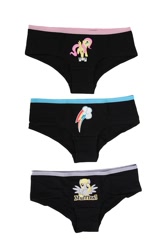 Size: 700x1049 | Tagged: safe, derpy hooves, fluttershy, rainbow dash, pony, black underwear, briefs, clothes, cutie mark, cutie mark underwear, hot pants, hot topic, irl, merchandise, muffin, official, panties, photo, pony print underwear, underwear, yay