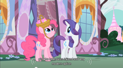 Size: 640x355 | Tagged: safe, screencap, pinkie pie, rarity, earth pony, pony, unicorn, party of one, youtube caption