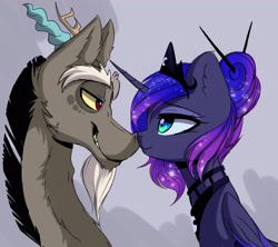 Size: 3200x2845 | Tagged: safe, artist:elementalokami, discord, princess luna, alicorn, pony, alternate hairstyle, boop, eye contact, lunacord, male, noseboop, shipping, straight