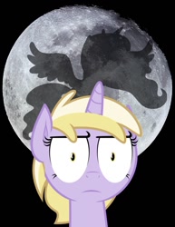 Size: 790x1024 | Tagged: safe, artist:starlessnight22, artist:zutheskunk edits, dinky hooves, princess luna, alicorn, pony, fanfic, fanfic art, fanfic cover, fimfiction, moon, serious face, silhouette