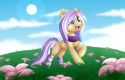 Size: 4200x2712 | Tagged: safe, artist:scarlet-spectrum, oc, oc only, oc:azalea floria, pony, clothes, cloud, commission, cute, female, flower, flower in hair, mare, outdoors, sky, smiling, socks, solo, stockings, striped socks, sun, thigh highs