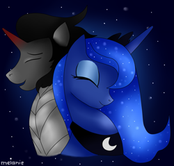 Size: 939x898 | Tagged: safe, artist:melanie-violet, king sombra, princess luna, alicorn, pony, unicorn, lumbra, male, night, shipping, straight