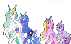 Size: 1024x634 | Tagged: safe, artist:artistnjc, princess cadance, princess celestia, princess luna, twilight sparkle, twilight sparkle (alicorn), alicorn, pony, alicorn tetrarchy, butt touch, conga, female, hat, hoof on butt, looking at each other, mare, party hat, simple background, smiling, spread wings, tongue out, traditional art