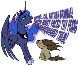 Size: 733x618 | Tagged: safe, artist:quoting_mungo, princess luna, oc, oc:autumn bramble, alicorn, earth pony, pony, chibi, glasses, traditional royal canterlot voice