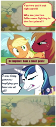 Size: 496x1116 | Tagged: safe, screencap, applejack, big macintosh, shining armor, earth pony, pony, unicorn, ball of violence, fight, male, out of character, screencap comic, stallion