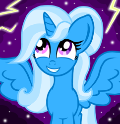 Size: 1450x1500 | Tagged: safe, artist:katya, derpibooru import, trixie, alicorn, pony, alicornified, female, lightning, magic, mare, mirror universe, race swap, smiling, solo, sparkles, spread wings, trixiecorn, wings