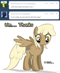 Size: 1280x1562 | Tagged: safe, artist:sintakhra, mjölna, pegasus, pony, ask sandy pony, blushing, race swap, solo