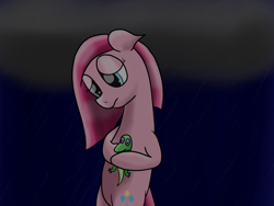 Size: 1600x1200 | Tagged: safe, artist:flashiest lightning, gummy, pinkie pie, earth pony, pony, pinkamena diane pie, rain, sad