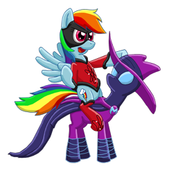 Size: 1500x1540 | Tagged: safe, artist:blehmaster7, mare do well, rainbow dash, pegasus, pony, atomic rainboom, ponies riding ponies, riding, superhero, superhero costume, unamused