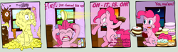 Size: 2980x884 | Tagged: safe, artist:ultrathehedgetoaster, pinkie pie, earth pony, pony, breaking the fourth wall, cake, comic, dialogue, female, food, fourth wall, it is on, mare, messy, pie, pied, self ponidox, solo, time paradox