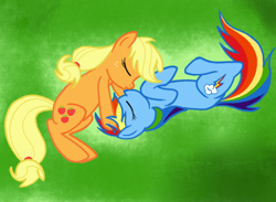 Size: 960x704 | Tagged: safe, artist:likethewind9, applejack, rainbow dash, earth pony, pegasus, pony, appledash, female, kissing, lesbian, shipping