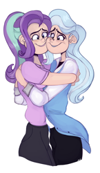 Size: 1800x3100 | Tagged: safe, artist:mili-kat, derpibooru import, starlight glimmer, trixie, human, no second prances, hug, humanized, smiling