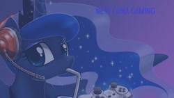 Size: 1920x1080 | Tagged: safe, artist:johnjoseco, edit, princess luna, alicorn, pony, gaming, headset, new luna gaming, solo, straw