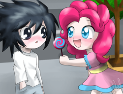 Size: 1984x1513 | Tagged: safe, artist:zorbitas, pinkie pie, blushing, chibi, crack shipping, crossover, crossover shipping, death note, female, humanized, l, l lawliet, lawlipie, male, shipping, straight