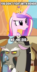 Size: 606x1154 | Tagged: safe, edit, edited screencap, screencap, discord, princess cadance, alicorn, pony, make new friends but keep discord, three's a crowd, bronn, game of thrones, image macro, lysa arryn, meme