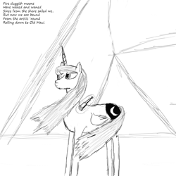 Size: 1000x1000 | Tagged: safe, artist:nagmeister, princess luna, alicorn, pony, lyrics, monochrome, sketch, solo, text