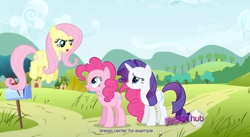 Size: 848x466 | Tagged: safe, screencap, fluttershy, pinkie pie, rarity, earth pony, pegasus, pony, unicorn, putting your hoof down, hub logo, youtube caption