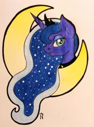 Size: 2836x3816 | Tagged: safe, artist:dawn-designs-art, princess luna, alicorn, pony, bust, moon, portrait, solo, traditional art