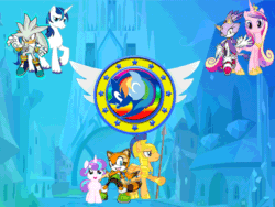 Size: 800x600 | Tagged: safe, artist:trungtranhaitrung, flash sentry, princess cadance, princess flurry heart, shining armor, alicorn, pony, unicorn, blaze the cat, crossover, crystal empire, marine the raccoon, silver the hedgehog, sonic brony united league, sonic the hedgehog, sonic the hedgehog (series), spear, weapon