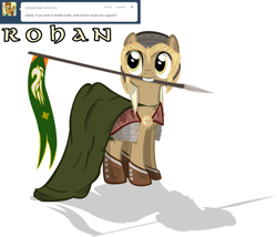 Size: 1280x1098 | Tagged: safe, artist:sintakhra, mjölna, earth pony, pony, armor, ask sandy pony, cloak, clothes, flag, helmet, lord of the rings, mouth hold, rohan, solo