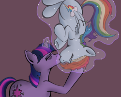 Size: 1000x800 | Tagged: safe, rainbow dash, twilight sparkle, pegasus, pony, female, kissing, lesbian, levitation, magic, shipping, twidash, upside down