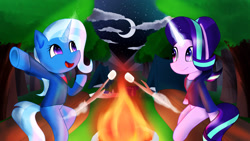 Size: 2560x1440 | Tagged: safe, artist:nicxchy, derpibooru import, starlight glimmer, trixie, pony, semi-anthro, unicorn, campfire, camping, clothes, cloud, female, fire, food, forest, levitation, magic, mare, marshmallow, moon, night, open mouth, sitting, stars, stick, telekinesis, tent, tree