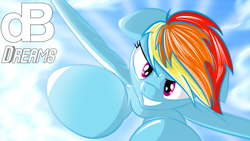 Size: 900x506 | Tagged: safe, artist:amazin-a, rainbow dash, pegasus, pony, cloud, female, flying, mare, open mouth, sky, smiling, solo, spread wings, text, wings