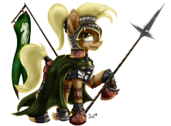 Size: 2484x1843 | Tagged: safe, artist:sintakhra, mjölna, earth pony, pony, armor, armored hooves, armored pony, ask sandy pony, banner, cape, cloak, clothes, crossover, eye shimmer, female, flag, greaves, helmet, leather armor, lord of the rings, not applejack, plate armor, ponytail, rohan, rohirrim, shoes, simple background, solo, spear, transparent background, unshorn fetlocks, weapon