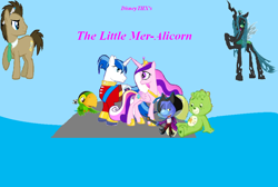 Size: 966x650 | Tagged: safe, artist:disneythx, doctor whooves, princess cadance, queen chrysalis, shining armor, alicorn, changeling, changeling queen, pony, unicorn, care bears, care bears adventures of care a lot, crossover, edison, horns are touching, jake and the never land pirates, leapfrog, male, oopsy bear, parody, skully (jake and the never land pirates), stallion, the little mermaid