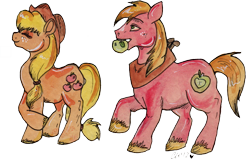 Size: 1012x645 | Tagged: safe, artist:twinklestahh, applejack, big macintosh, earth pony, pony, apple, duo, eyes closed, male, stallion