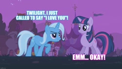 Size: 1280x720 | Tagged: safe, derpibooru import, edit, edited screencap, screencap, trixie, twilight sparkle, boast busters, female, i just called to say i love you, lesbian, reference, shipping, song reference, stevie wonder, text, twixie