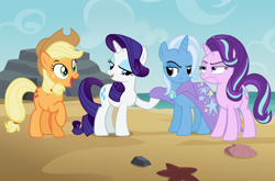 Size: 1920x1270 | Tagged: safe, artist:luckydog416, derpibooru import, applejack, rarity, starlight glimmer, trixie, earth pony, pony, unicorn, applejack's hat, beach, cowboy hat, female, hat, mare